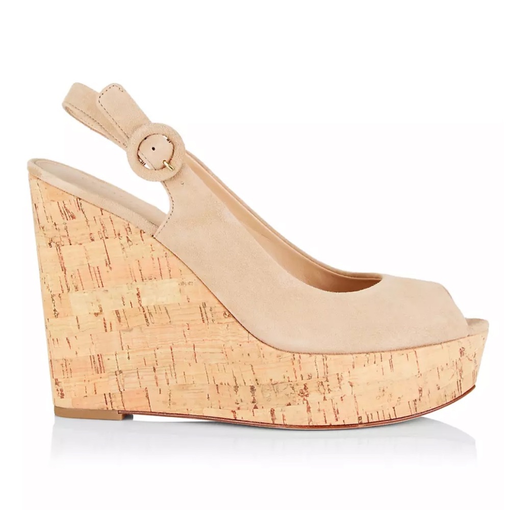Veronica Beard Dali Suede Peep-Toe Wedge Sandals in Sand Size 8.5